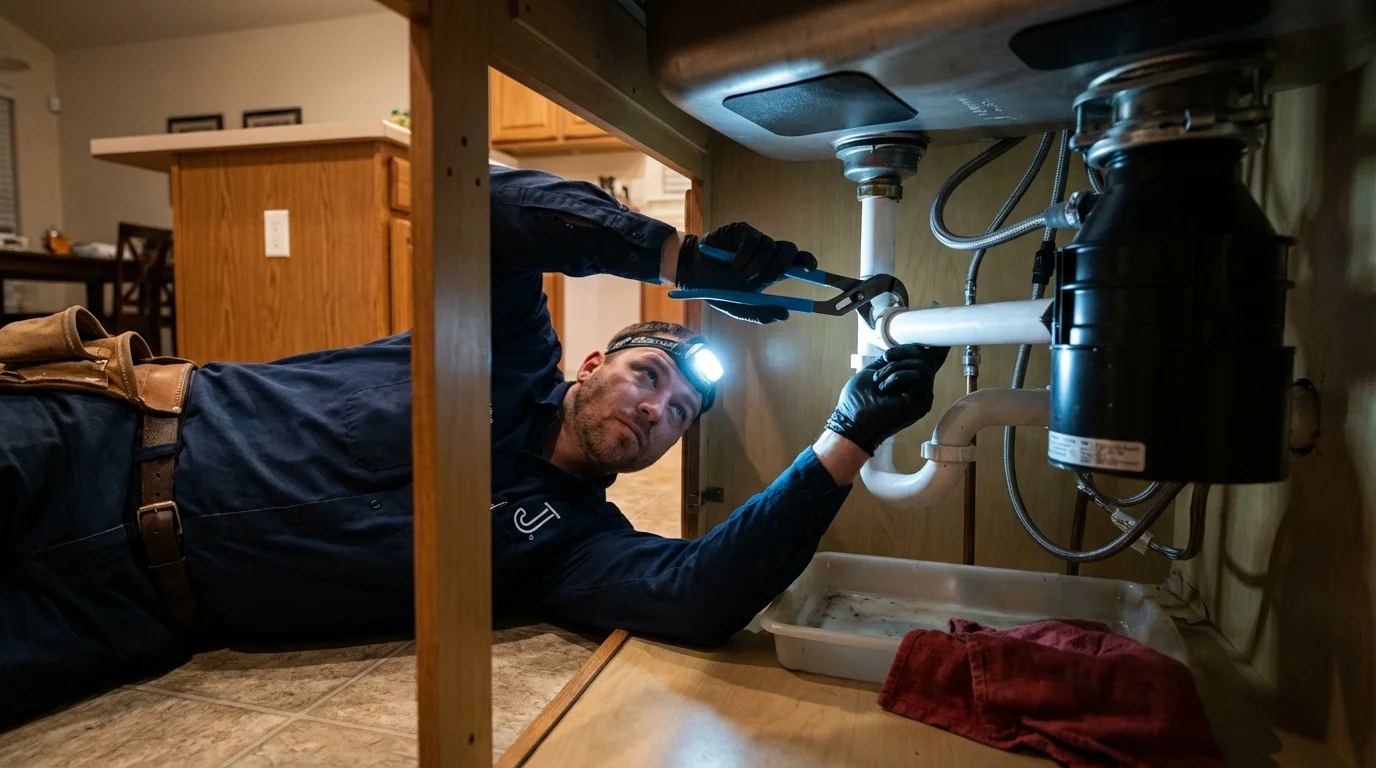 P-trap and supply line connections under a kitchen sink showing a common leak point in Sparta, NC